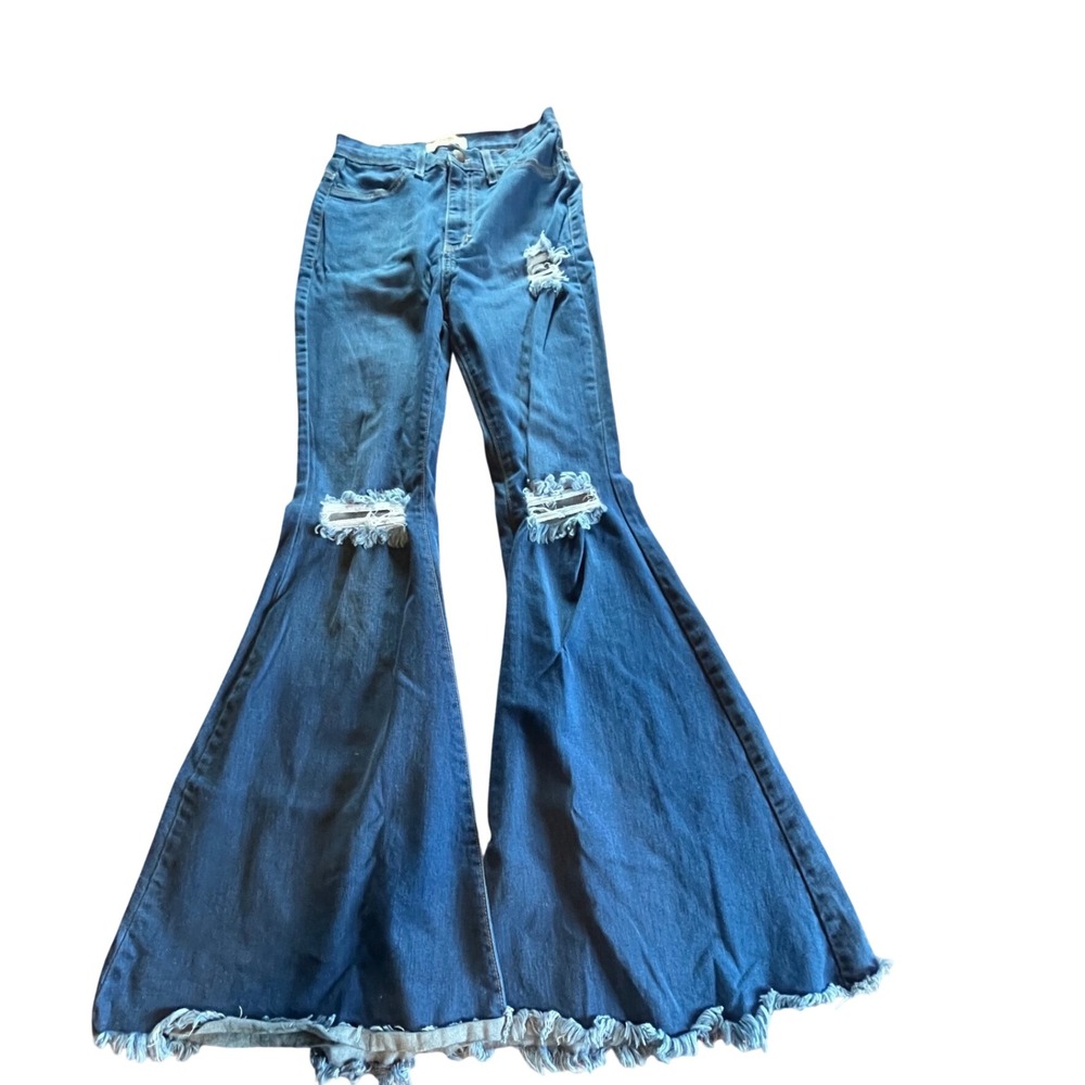 Vibrant M.I.U. Distressed Bell Bottom Flare Jeans Blue Medium Wash Size 9 W28